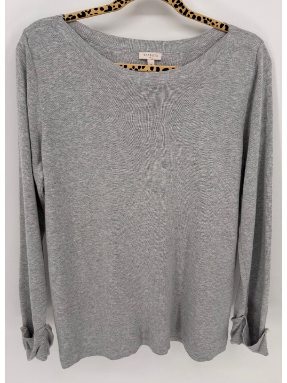 Talbots Womens Gray Long Sleeve Pullover Top With Button Cuff Detail Size XL